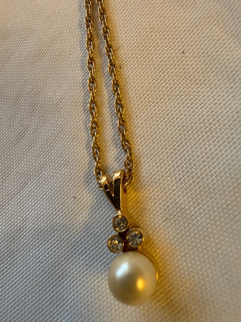 Gold-Tone Pearl Pendant Trifari Necklace with Crystal Accents